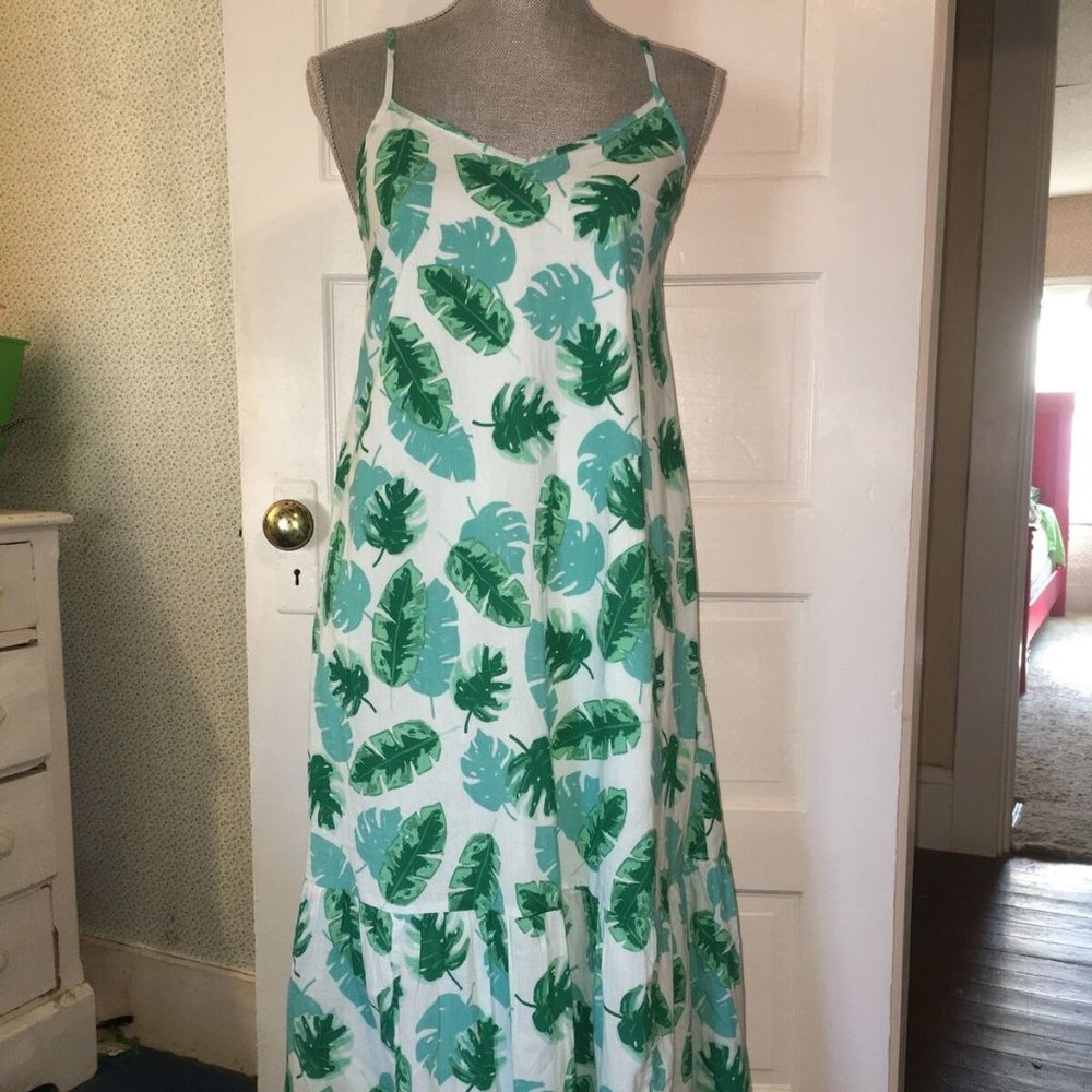J.Crew Green White LEAF Flowery Print Long Midi Dress XXS NWOT